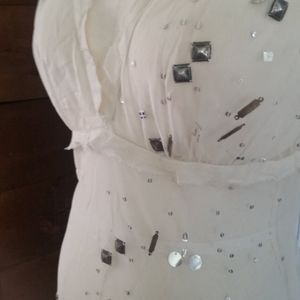 LaROK y2k Sheer Embellished Nude Illusion Tulle Beaded Top L